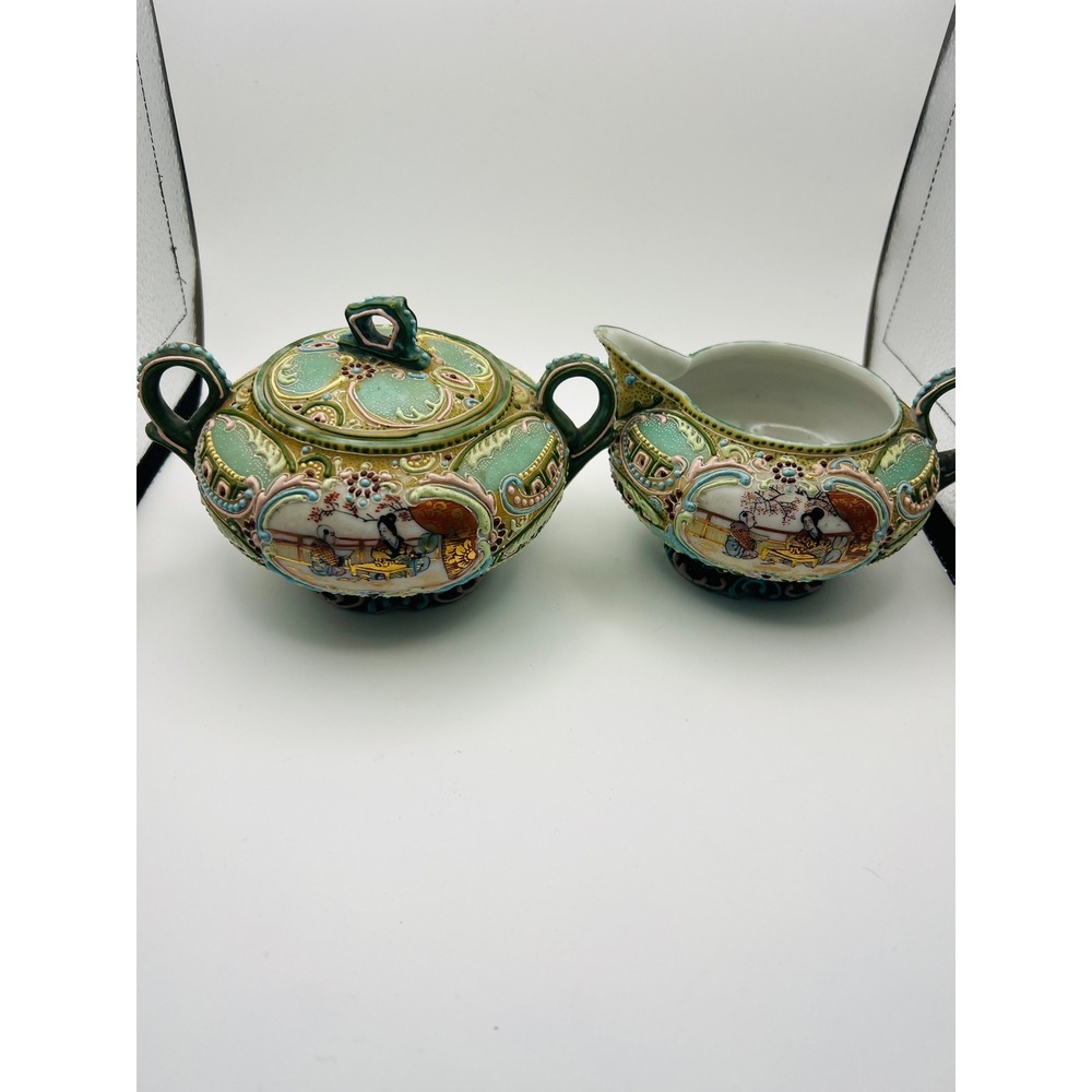 Antique Japanese Satsuma Moriage Sugar Bowl and Creamer Set Geisha Scene Green